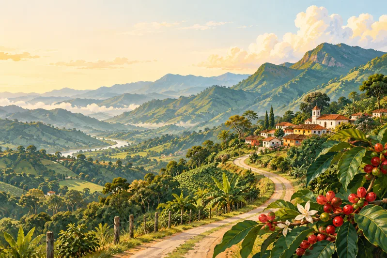Painted Antioquia-inspired mountains, coffee branches and a winding village road