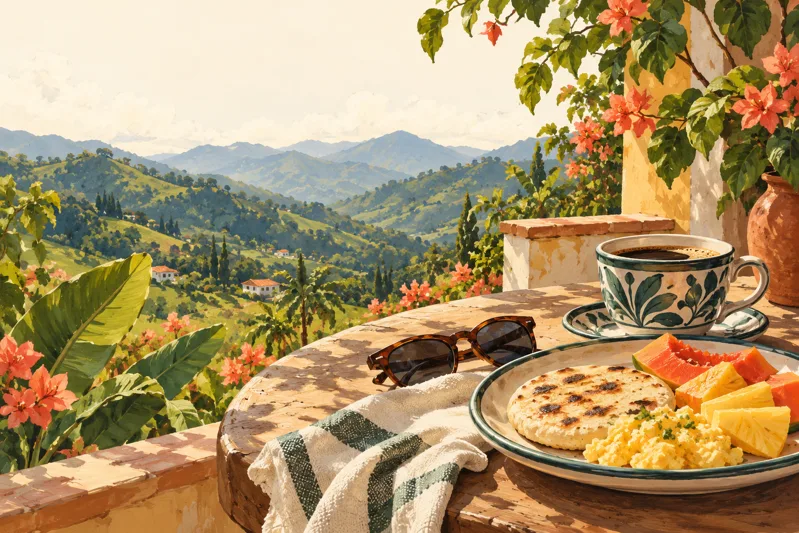 Illustrated breakfast and coffee overlooking mountains