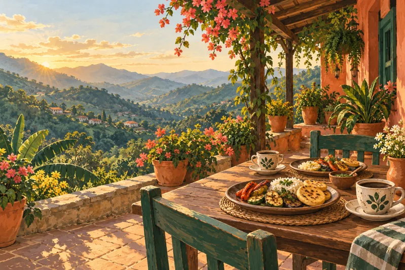 Illustrated café terrace with lunch, coffee and mountain views