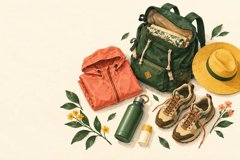 Illustrated daypack, rain jacket, water bottle and walking shoes