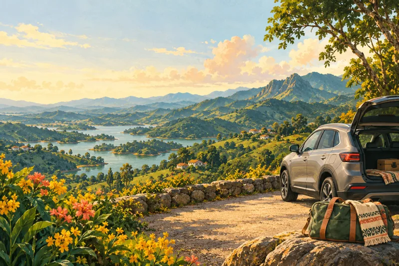 Illustration of a car and day bag at a mountain overlook
